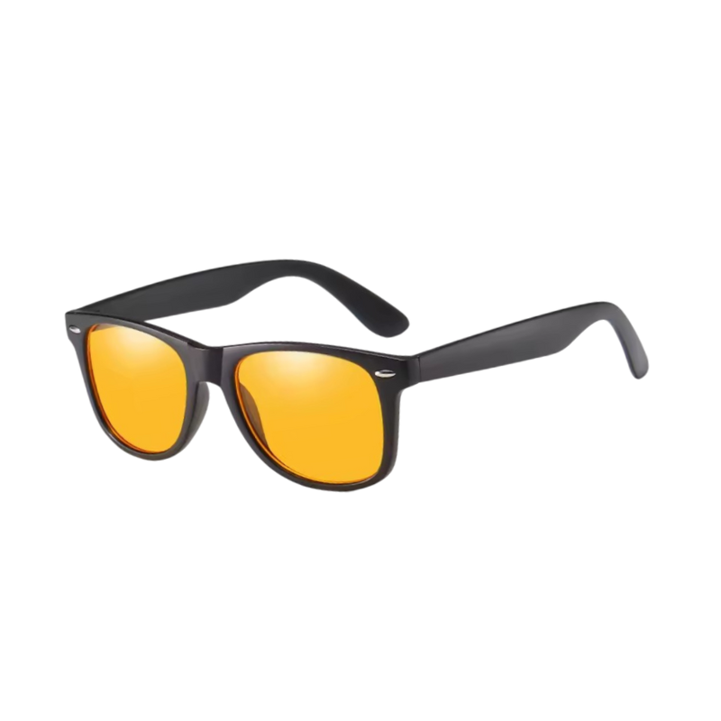 Lunettes Protect+ PEACEPUPIL, monture noire mate et verres ambrés, vue de trois quarts