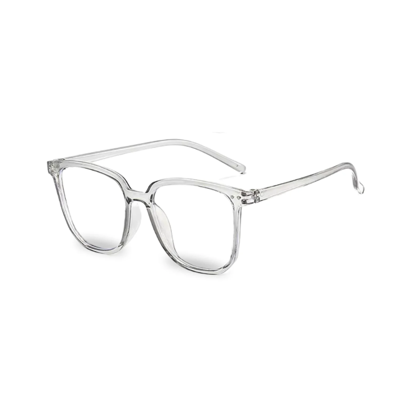 Lunettes anti lumière bleue PEACEPUPIL, monture plastique grise translucide, vue de trois quarts