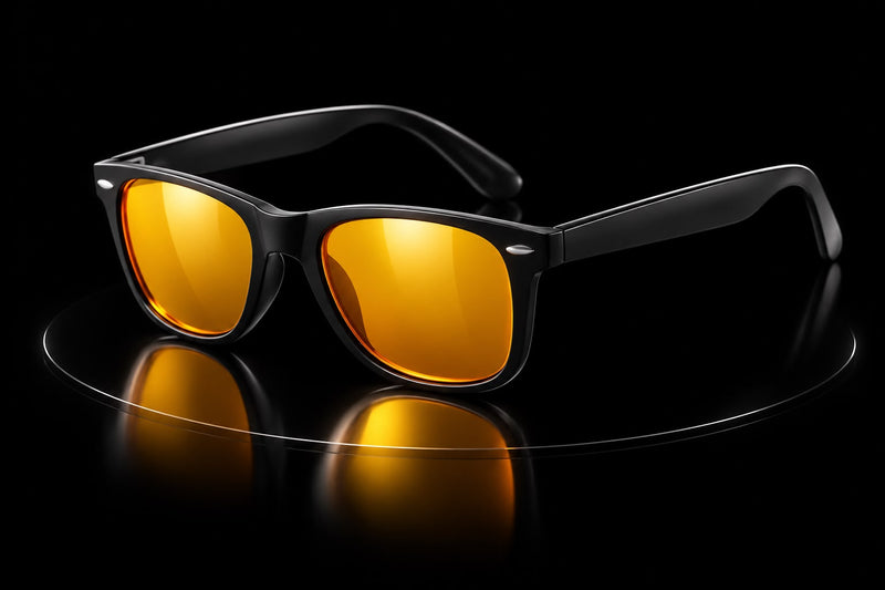 Lunettes Protect+ PEACEPUPIL, monture noire et verres ambrés filtrants, sur fond noir