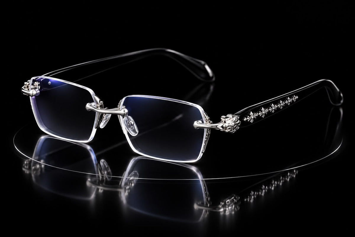 Lunettes sans monture PEACEPUPIL noir-argent, verres rectangulaires anti lumière bleue, sur fond noir